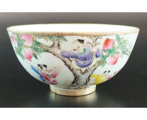 A Chinese famille rose bowl with metal mounted rim and foot, mid 20th century, the exterior decorated with scenes of children
