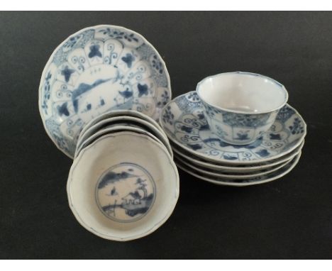 Ca Mau: Five blue and white 'Landscape, Panel and Trellis' pattern saucers, circa 1725, each centrally decorated with an isla