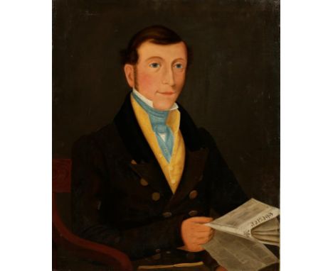 H. WILKINSON, English naive school, circa 1840 A half-length portrait of a gentleman seated in an elbow chair and holding a n