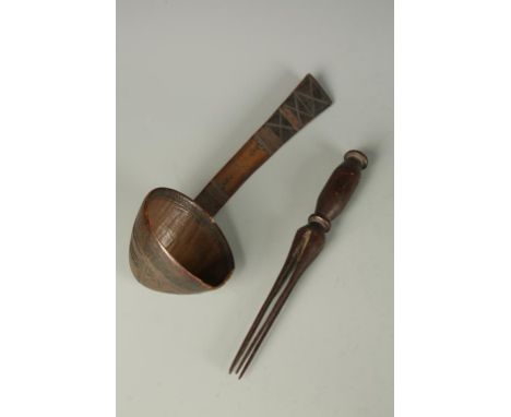 A FIJIAN 'CANNIBAL FORK' AND SIMILAR LADLE, carved and stained, the fork 11.5", the ladle 13". Collected by Captain John Proc