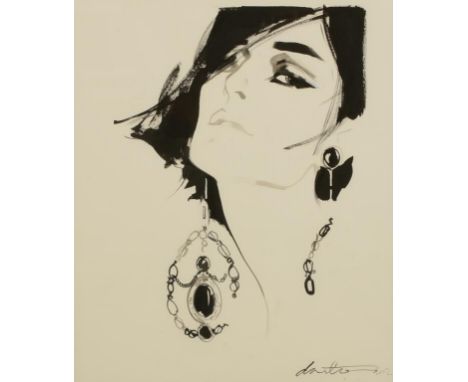 •DAVID DOWNTON (1959- ) Erin O'Connor, portrait of the supermodel, signed lower right and dated 2002 in pencil, black ink on 
