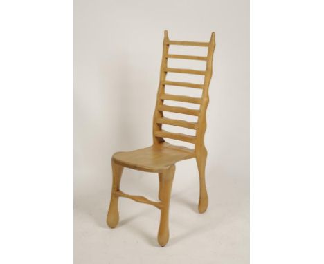 •A CONTEMPORARY ASH UPRIGHT CHAIR by Michael Holland of Dansel, Abbotsbury, with a tapering modified ladder back above a soli