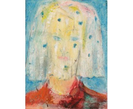 •SVEN BERLIN (1911-1999) A head and shoulders portrait of a woman wearing a veil, signed and dated '81 lower left, oil on boa