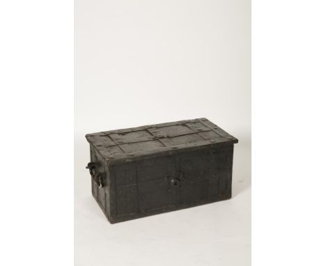 AN "ARMADA" CHEST of strapwork construction, with a central hidden keyhole, the front with a dummy keyhole, the interior with