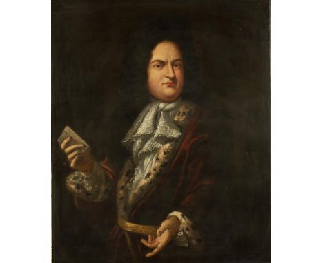 ENGLISH SCHOOL A portrait of a gentleman with a lace collar and red ermine coat, holding a book in his right hand, oil on can