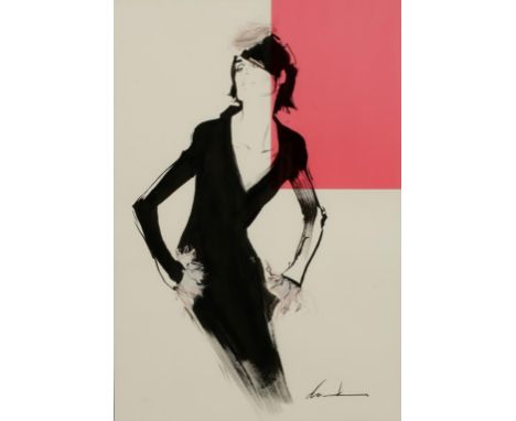 •DAVID DOWNTON (1959- ) Erin O'Connor, full-length portrait of the supermodel, signed lower right, black ink, gouache and mix