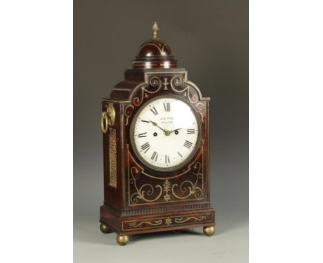 A REGENCY MAHOGANY AND BRASS INLAID REPEATING BRACKET CLOCK, the round dial with Roman numerals, inscribed "J L Vicks Stroud"