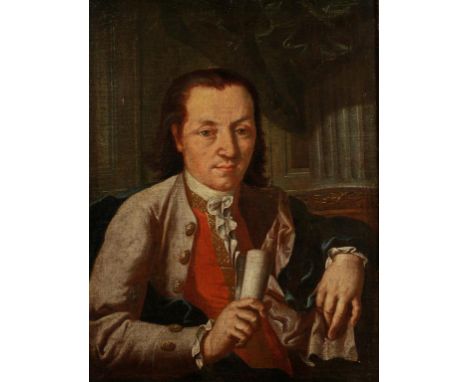 CONTINENTAL SCHOOL, 18th century A half-length portrait of a young man holding a scroll of paper, with architectural details 