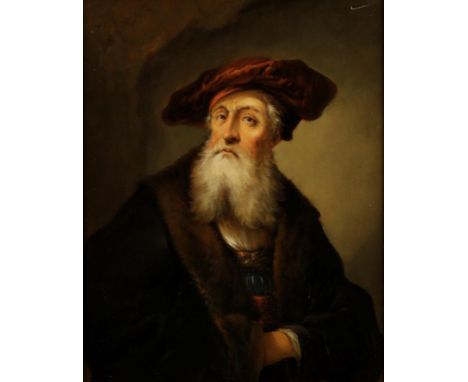 AFTER GOVERT FLINCK (1615-1660) A half-length portrait of a bearded man wearing a red velvet hat and a fur-lined coat, 19th c