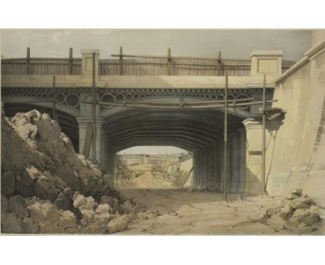 J.C. BOURNE, LITHOGRAPHER: "Hampstead Road Bridge, September 5th 1836", colour lithograph, 11.25" x 16.5", and three similar 