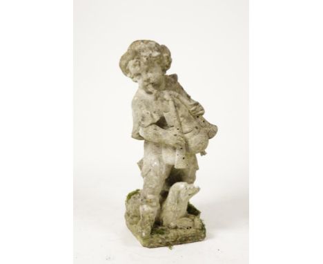 A RECONSTITUTED STONE STATUE of a young boy playing bagpipes, with a hound at his feet, 32" high. Provenance: The Peter Wood 