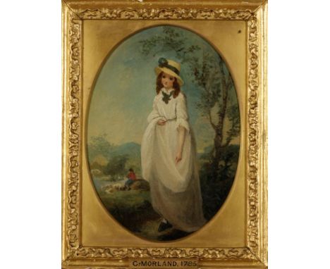 ASCRIBED TO GEORGE MORLAND (1763-1804) A portrait of a girl in a white dress in a landscape, signed with initials and dated 6