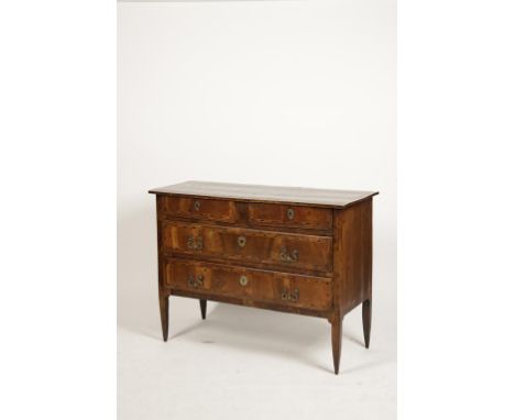 A NORTH ITALIAN MARQUETRY COMMODE, the rectangular top with chequered stringing above two short and two long drawers with gil