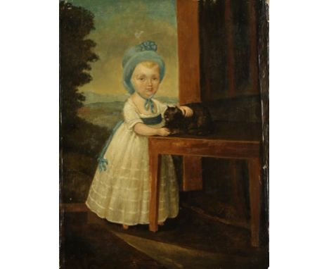ENGLISH SCHOOL, late 18th century A naive style portrait study of a young girl and her cat, with landscape beyond, indistinct