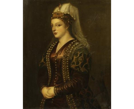 AFTER TITIAN A portrait study of Catarina Cornaro as St. Catherine of Alexandria, oil on canvas, 33.5" x 26.25" Caterina Corn