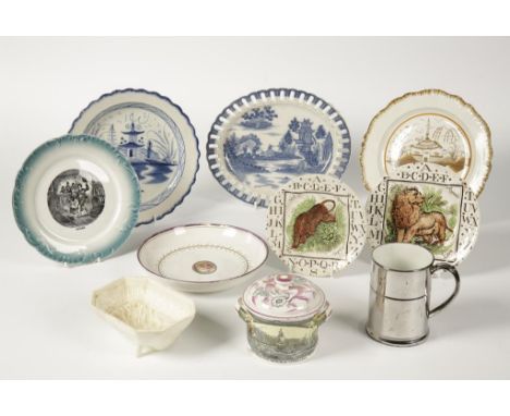 A SUNDERLAND LUSTRE LIDDED JAR decorated with a print "New Bridge over the Weir at Sunderland" and a collection of similar cr
