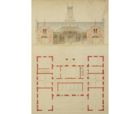 ARCHITECTURAL PLANS OF AN INSTITUTION, ink and watercolour, 19th century, 35" x 23" and two companion plans and elevations (3