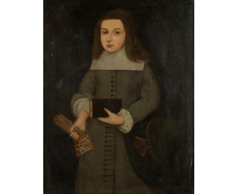 ENGLISH SCHOOL, 17th century A primitive portrait of a Quaker boy, three-quarter length, holding a glove in one hand, oil on 