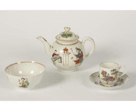 A WORCESTER TEAPOT decorated with Oriental style figures, 5" high, and a similar slops bowl and cup and saucer (4). Provenanc