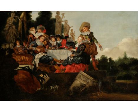 AFTER ESAIAS VAN DE VELDE (1587-1630) A gathering of figures dining in a garden landscape, 19th century, oil on canvas, 15.25