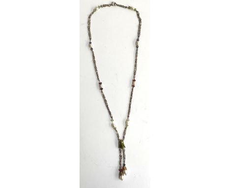 A pretty silver and guilloche enamel negligee necklace, the chain with interspersed pearls and gemstones, 47.5cmL 