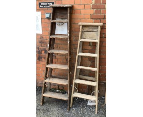 Two vintage wooden stepladders, approx. 180cmH and 150cmH 
