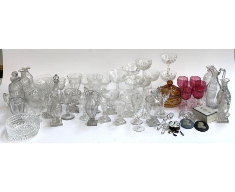 A large quantity of cut and other glass to include finger bowls, small wine decanters, cameos, ceramic clock mechanism and ke