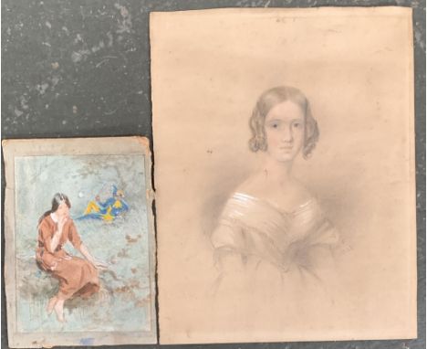 A 19th century portrait study of a young girl, pencil and chalk, dated 1841, 28x22cm; together with a small unfinished waterc