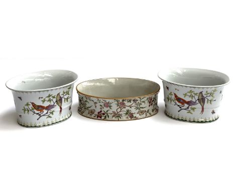 A pair of decorative hand painted Chinese ceramic planters, character marks to base, 26cmW, together with one other oval crac