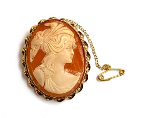 A 9ct gold shell cameo brooch with ropetwist border and safety chain, 4cmL, approx. 10.9g 