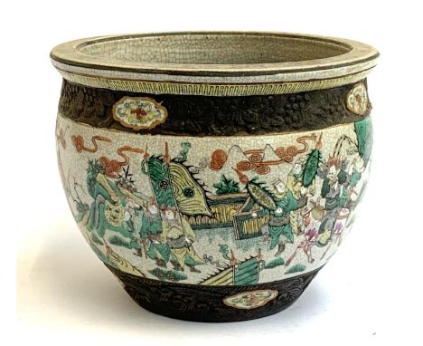 A large late 19th/early 20th century Chinese crackle glazed stoneware and polychrome enamel fish bowl, the outside decorated 