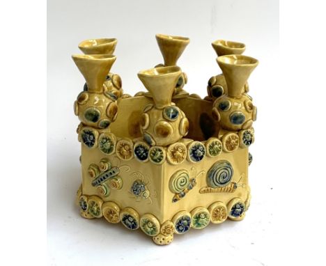 An early Sarah Monk large, hexagonal slipware studio pottery planter decorated with bees, butterflies and other wildlife, sig