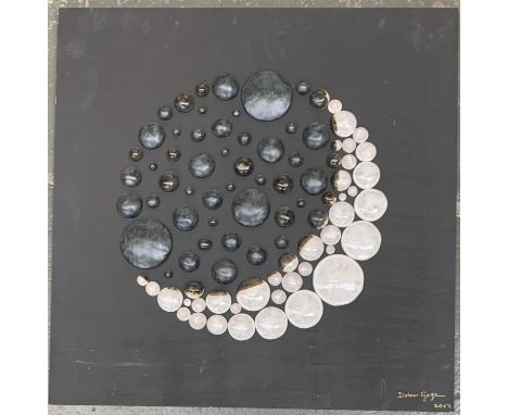 Dolores Gage, mixed media, applied ceramic on board, crescent moon, signed and dated 2017 lower right, 60cm square 