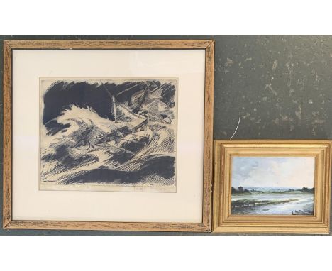 A Stan Robinson 20th century etching of a rowing gig in a rough sea with tall ship in background, 22x28cm, together with 'Suf