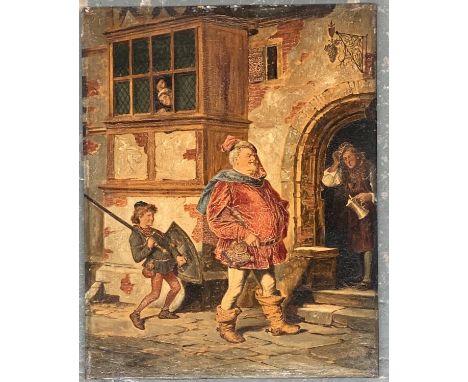 19th century oil on mahogany panel, Falstaff and his page, inscribed G Roberts to verso, 39x30.5cm 