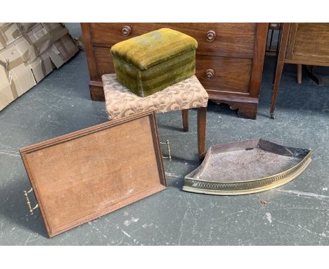 A 19th century galleried oak tray, with twin brass handles, 41x56cm; together with a footstool, fire grate, and sewing box (4
