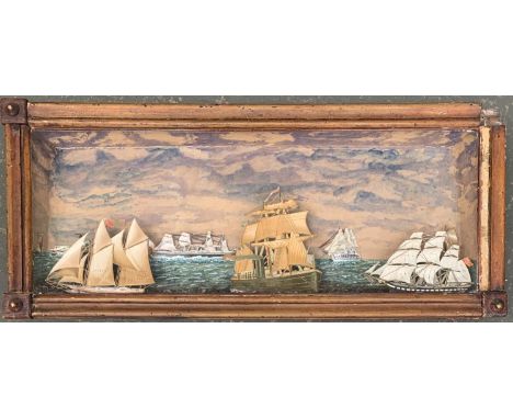 A late 19th century diorama of boats at sea, watercolour over engraving, the frame 66.5x29cmProvenance: sold at Dreweatts (Ne
