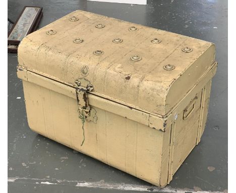 A pale yellow painted metal travel trunk, 61cmW; together with a further metal storage box, 64cmW 