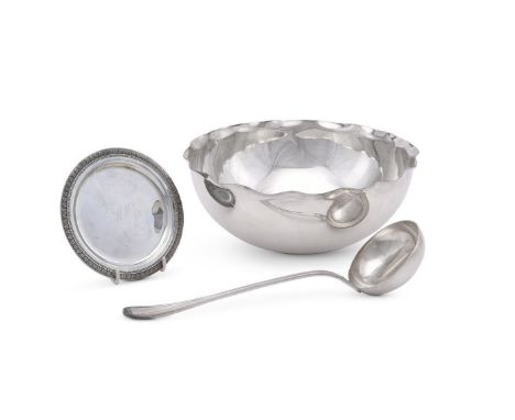 Three French electro plated items, Christofle, to include a shaped circular bowl, 24cmD, a soup ladle with a foliate border, 