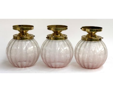 A lot of 3 engraved glass hanging light shades with gilt metal fittings 