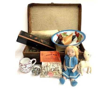 A mixed lot to include handmade doll, vintage Polynesian shell collection, glass paperweight, Italian orvieta mug, lacquered 