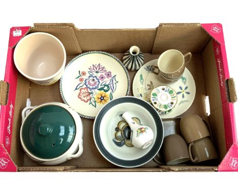 A Poole Pottery planter, Poole pottery plates, Denby lidded pot, Branksome pottery cups, Stavanger Norway bowls, etc 