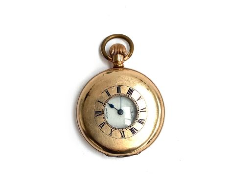 A gent's gold plated half hunter fob watch by Thomas Russell &amp; Son, Liverpool, top winding, the case with blue enamel Rom