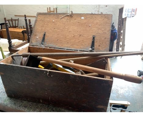 A mixed quantity of vintage hand tools, in a plywood storage chest, 79cmW 