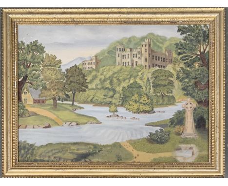 English primitive school, view of a castle above a river, oil on canvas (tear), 44x61cmProvenance: sold at Dreweatts (Neate) 