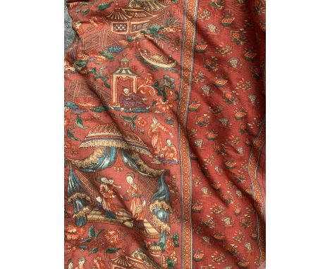 Three curtains, lined and interlined in a chinoiserie pattern, 220cm drop x 250cm wide ungathered, 
