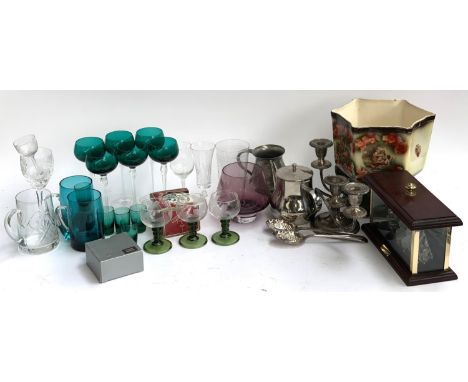 A mixed lot of mainly glass to include coloured glasses, English pewter tankard; hexagonal planter; glass Mayfair ship model 