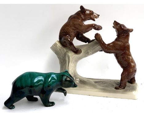 A ceramic figure of two bears, stamped to base, 36.5cmH; together with a Blue Mountain pottery bear, 28.5cmW 