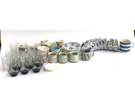 A Johnson Bros 'Indies' part tea service, together with a studio pottery mug, Whittard Cornish ware and a set of 12 heavy gla