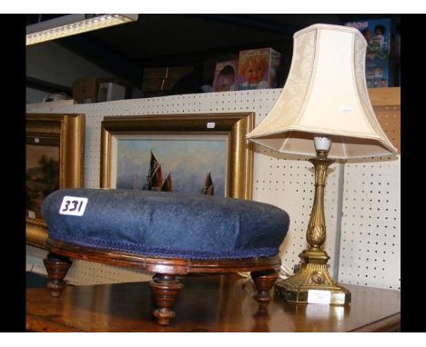 Antique footstool, together with table lamp 